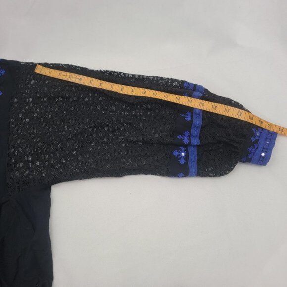 FREE PEOPLE Womens LARGE Shirt Blouse Boogie All Night Lace Black Blue - Picture 10 of 12